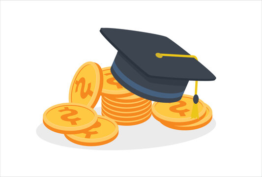 Education and money vector illustration, flat cartoon graduation hat and coins cash, concept of scholarship cost or loan, tuition or study fee, value of student knowledge, learning success