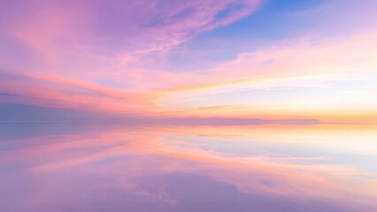 Obraz premium ウユニ塩湖のような鏡面反射の絶景 パステルピンクの夕焼け空の風景 マジックアワー