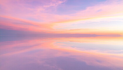 Obraz premium ウユニ塩湖のような鏡面反射の絶景 パステルピンクの夕焼け空の風景 マジックアワー