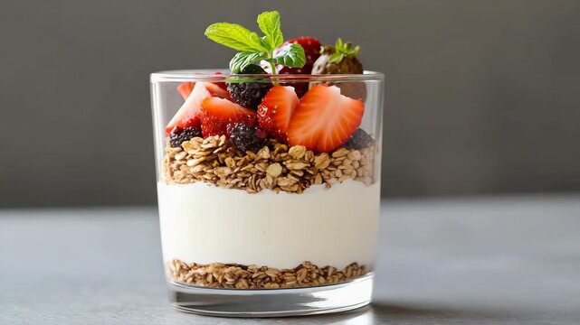 Strawberry parfait granola yogurt with mint garnish fresh bright creamy berry breakfast delight