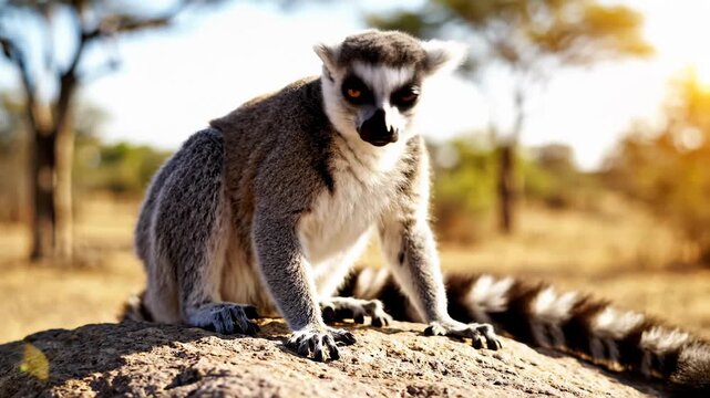 Ring Tailed Lemur Sitting on a Rock in Natural Habitat