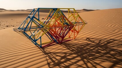A colorful geometric structure sits on a patterned sand dune in a desert landscape casting a complex shadow in the sunlight