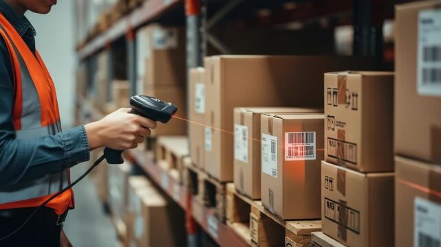 Person in safety vest scans barcode on cardboard box in warehouse