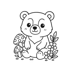 Fototapeta premium Cute cartoon bear outline with flowers and mushrooms for coloring