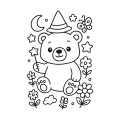 Cute bear cub with a magic hat and a wand, ready for coloring © DzgnVibe