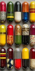 Vibrant collection of colorful capsules, meticulously patterned and textured, arranged in neat rows, representing individuality and creative diversity