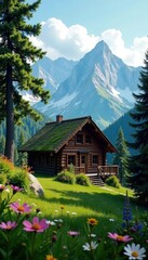 Cozy mountain cabin surrounded by lush greenery, perfect for relaxation , birds, spring, cabin
