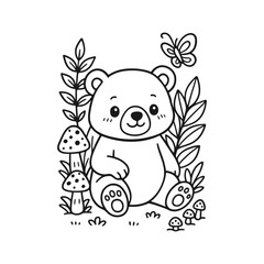 Cute sun bear cub in the forest with mushrooms and a butterfly coloring page © DzgnVibe
