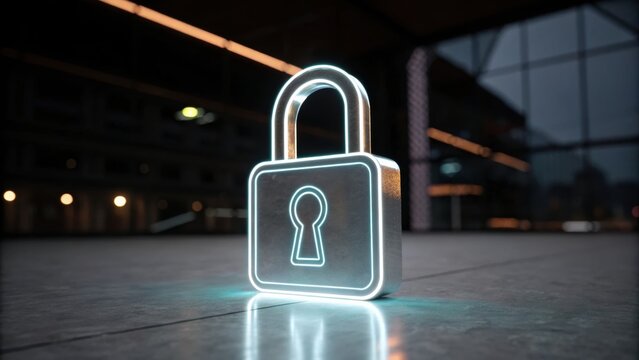 Cybersecurity Minimal 3D A glowing padlock symbolizes security and protection in a modern setting.