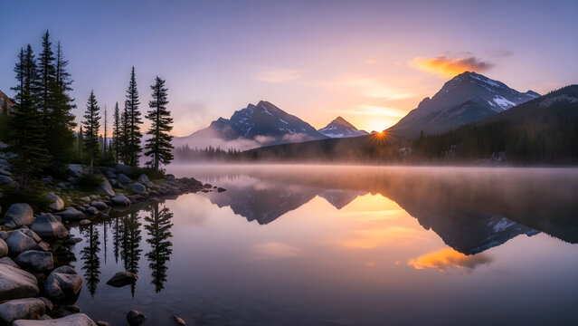 Tranquil Mountain Lake Sunset With Reflections, Mist, and Snow-Capped Peaks Over Calm Waters