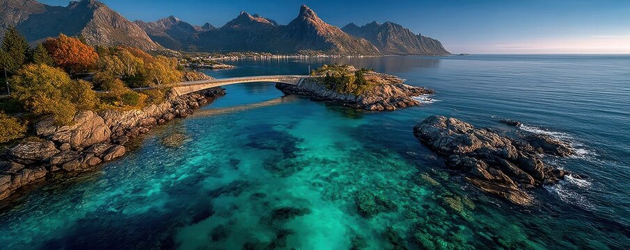 Aerial view of turquoise coast with rocky shoreline, bridge and distant mountains over calm sea