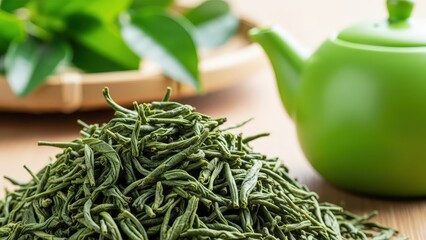 Dried green tea leaves with blurred teapot and fresh tea background