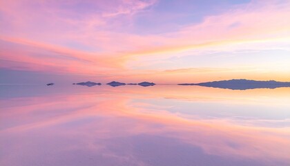 Obraz premium ウユニ塩湖のような鏡面反射の絶景 パステルピンクの夕焼け空の風景 マジックアワー