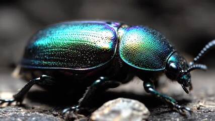 Close-up of a vibrant beetle exploring a textured surface in nature