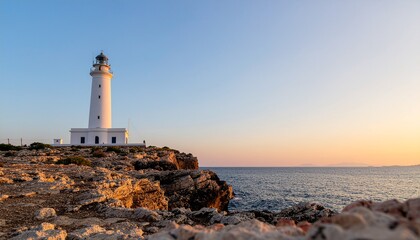 A white lighthouse stands on a rocky cliff overlooking the sea at sunset, with a clear blue sky above.