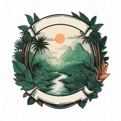 Tropical landscape with river, mountains, palm trees, leaves, sun and two blank banners