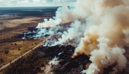 Aerial view of a wildfire burning through a dry landscape, with smoke plumes rising into the sky.