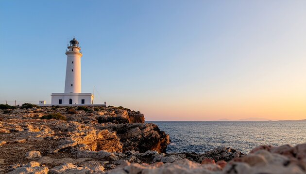 A white lighthouse stands on a rocky cliff overlooking the sea at sunset, with a clear blue sky above. - Powered by Adobe