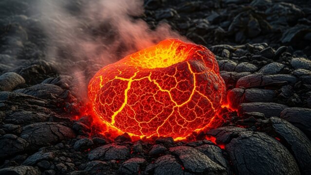 A fiery lava sphere nestled among solidified magma rocks radiating heat with a cracked texture under smoky haze