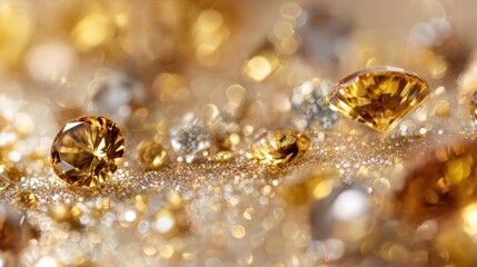 A collection of golden and clear gemstones glisten under soft light elegantly scattered on a glittering background evoking feelings of opulence and beauty.
