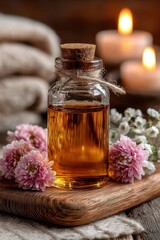 Aromatherapy oil bottle on a wooden tray surrounded by candles, flowers, and a warm spa ambiance
