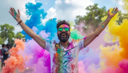A joyful man celebrates with colorful powder during a vibrant festival, arms raised.