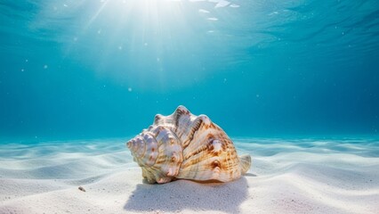 A large conch shell rests on a sandy ocean floor illuminated by sunbeams penetrating clear blue water