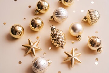 Holiday christmas decor with various golden and silver elements