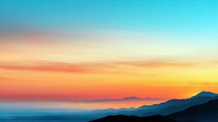 A serene landscape featuring layered mountain silhouettes fading into the distance, with a calm ocean reflecting the colorful hues of a dramatic sunset sky.