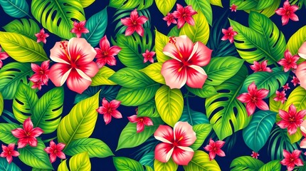 Vibrant tropical floral pattern with pink hibiscus and lush green leaves