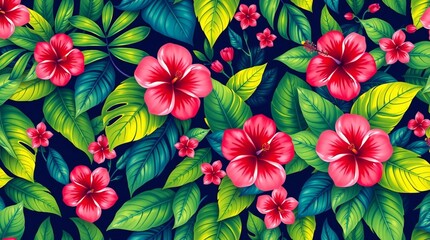 Vibrant tropical floral pattern with lush green leaves and pink hibiscus flowers