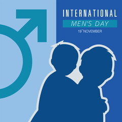 International mens day greeting card, poster, cover, vector illustrations with father and son in trendy flat style.