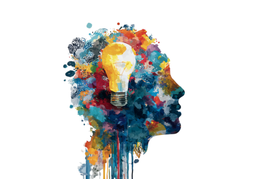 Colorful Abstract Head With Light Bulb isolated on a transparent background
