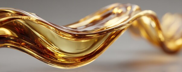Golden oil liquid flow forms a glossy, flowing wave of amber and metallic shine