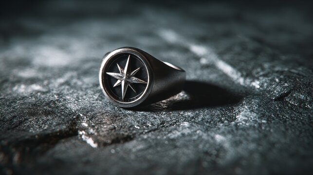 A silver ring with an eightpointed star emblem rests on a rough dark grey surface with subtle light reflecting off