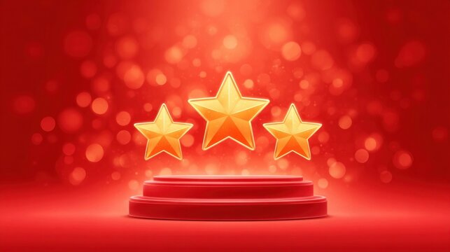 Three golden stars floating above a red podium against a blurred background