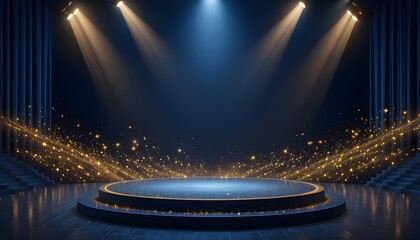 Dark Blue Stage with Golden Spotlight and Glitter Texture Background