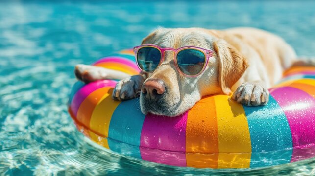 A cheerful dog enjoys a relaxing day on a vibrant float in a sparkling swimming pool. The sun shines brightly as the pet cools off in the water.