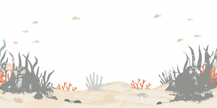 Undersea landscape with fish coral rocks and sand in soft pastel colors