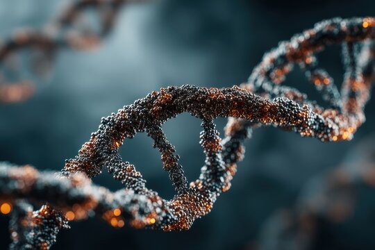 Close-up of a detailed DNA double helix structure showing intricate molecular texture with glistening beads