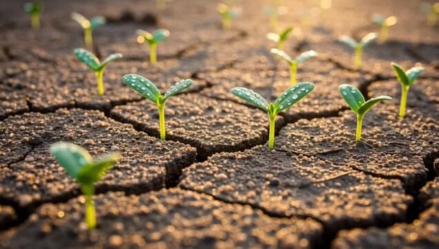 Botanical process Small Green Sprouts Emerging from Dry Cracked Earth