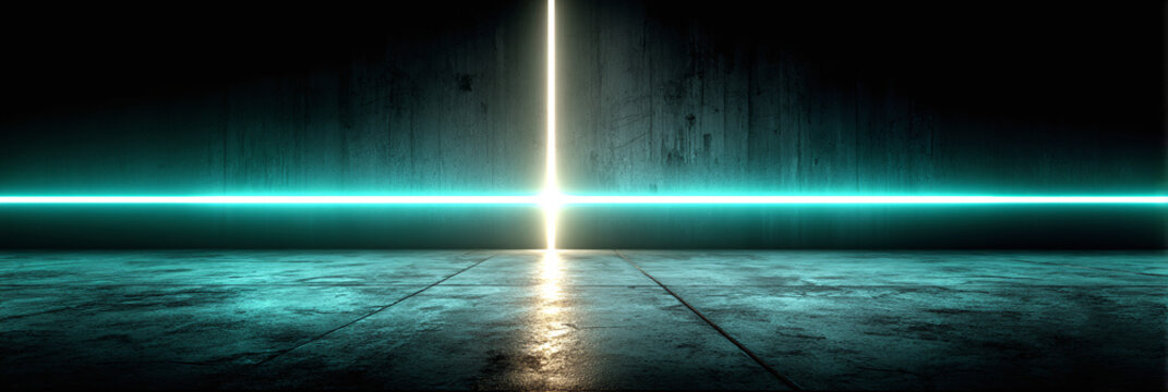 Abstract neon light futuristic background with vertical and horizontal lines, glowing in dark space