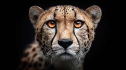 Close-up portrait of a cheetah with striking orange eyes against a black background