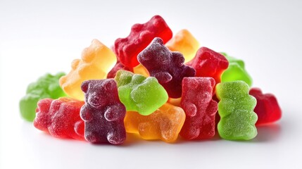 Colorful gummy bear candies arranged in a pile on a white background