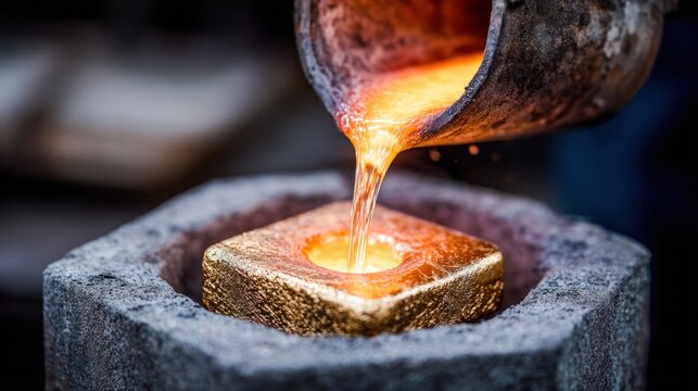 Molten gold being poured into a mold, a close-up shot of the process