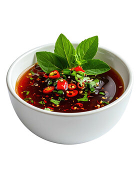 Soy sauce with chili and herbs in a white bowl