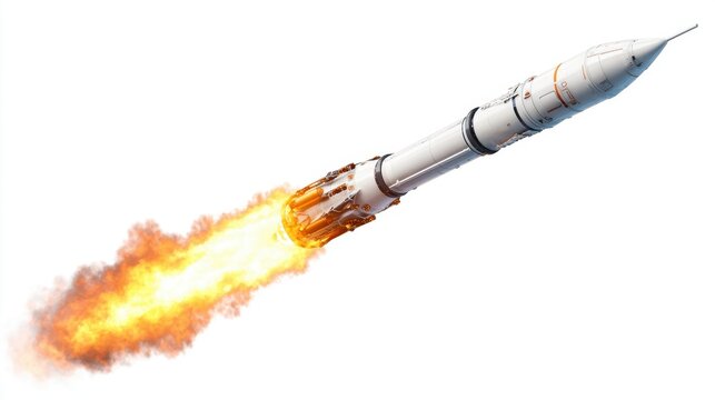 Fototapeta A rocket propels into the sky releasing bright flames and smoke from its engines. This scene captures the excitement of space exploration and technology.