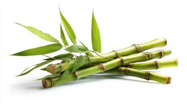 Bright green bamboo stalks are neatly placed on a white surface alongside their vibrant leaves ideal for craft projects or culinary purposes.