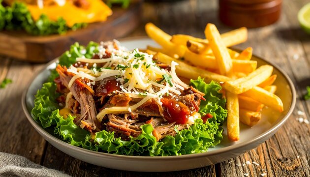 Pulled Pork Plate with Fries and Lettuce.