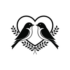Two birds with heart and leaves illustration silhouette